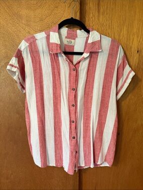Women's Marine Layer Linen/Rayon Red/Cream Striped Button Down - Size M